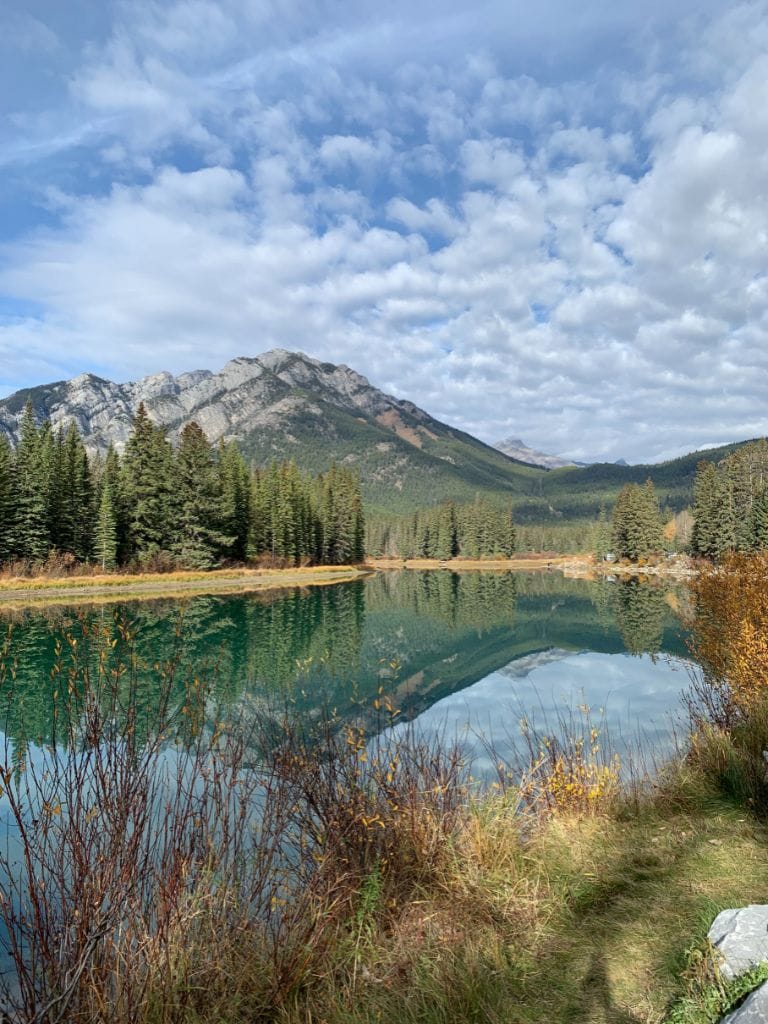 A calm and still lake in the mountains with ablue sky filled with fluffy clouds and a reflection of a mountain, trees, and grass in the water.